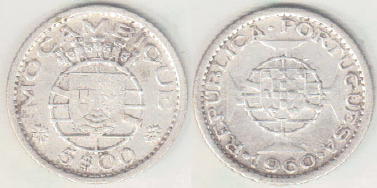1960 Mozambique silver 5 Escudos A003588